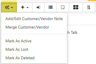Customer/Vendor Dashboard Actions menu with options to add/edit a customer/vendor note, merge customer/vendor, mark as active, mark as lost, mark as deleted