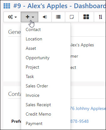 Customer Dashboard Quick Add with options to create a contact, location, asset, opp, project, task, sales order, invoice, sales receipt, credit memo or payment related to the Customer