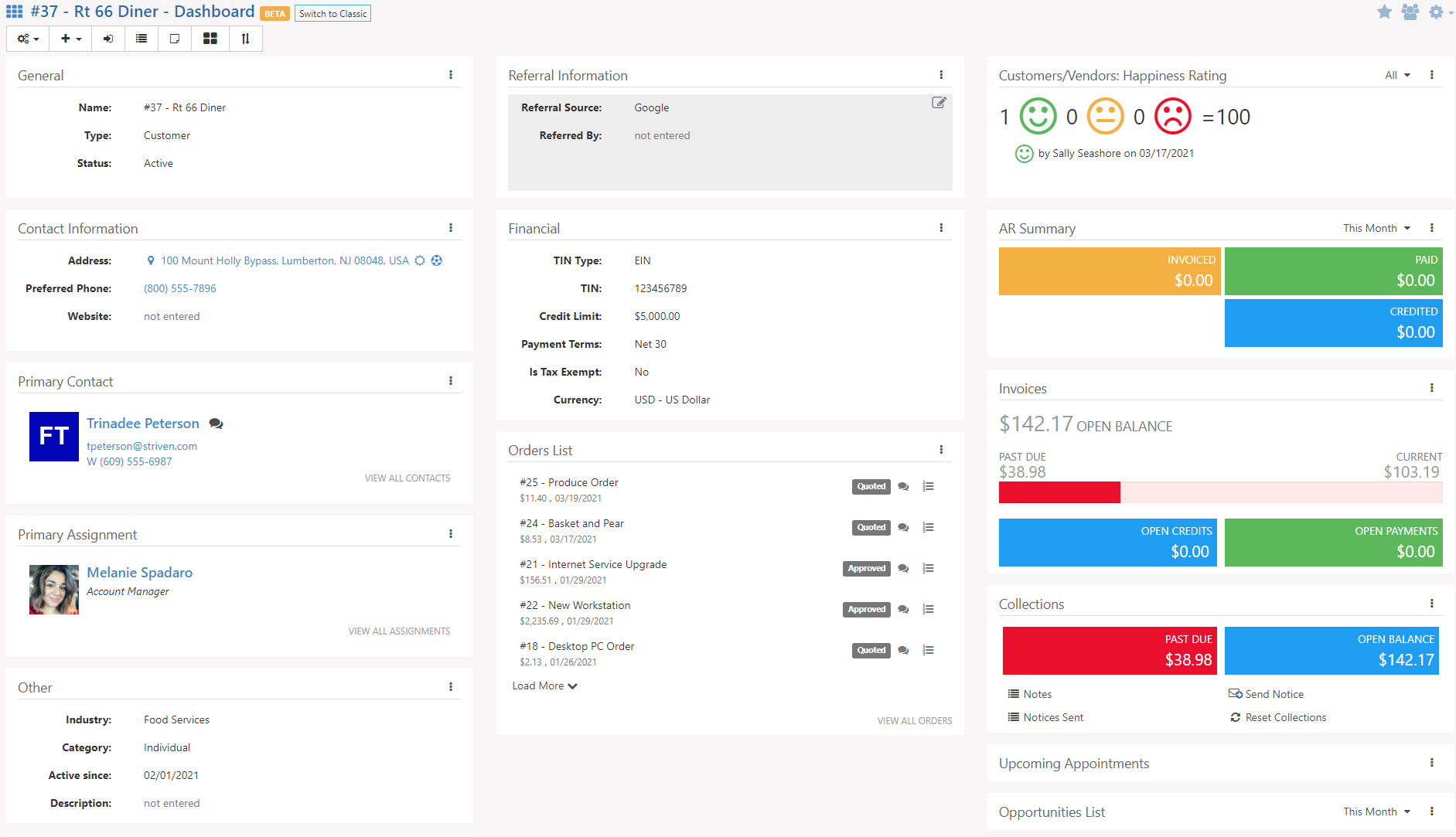 Customer Dashboard showing general info, contact info, primary contact, primary assignment, referral info, Financial info, Orders list, Happiness Rating, AR Summary, Invoices, and Collections