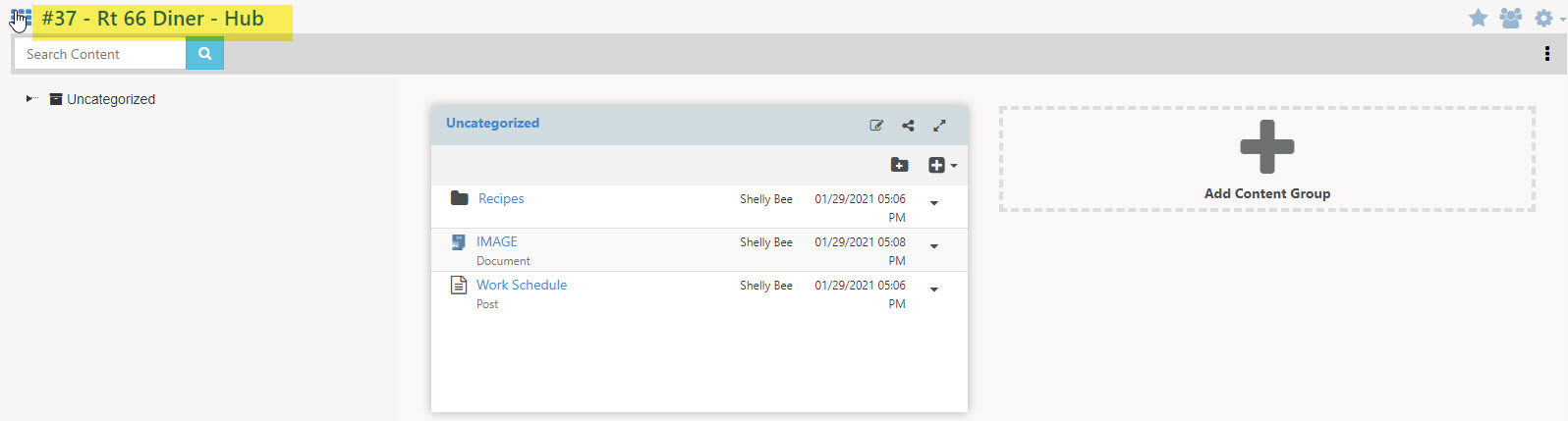 Customer Hub showing folders, documents, and posts