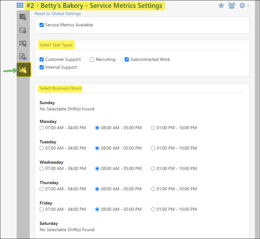 Customer Level Service Metrics Settings