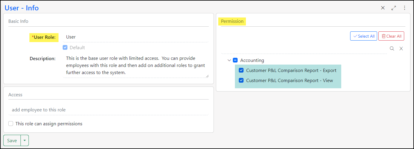 User Role Permissions required for Customer P&L Comparison Report Access