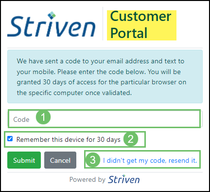 2FA screen for 2 factor authentication code to sign in to the Customer Portal