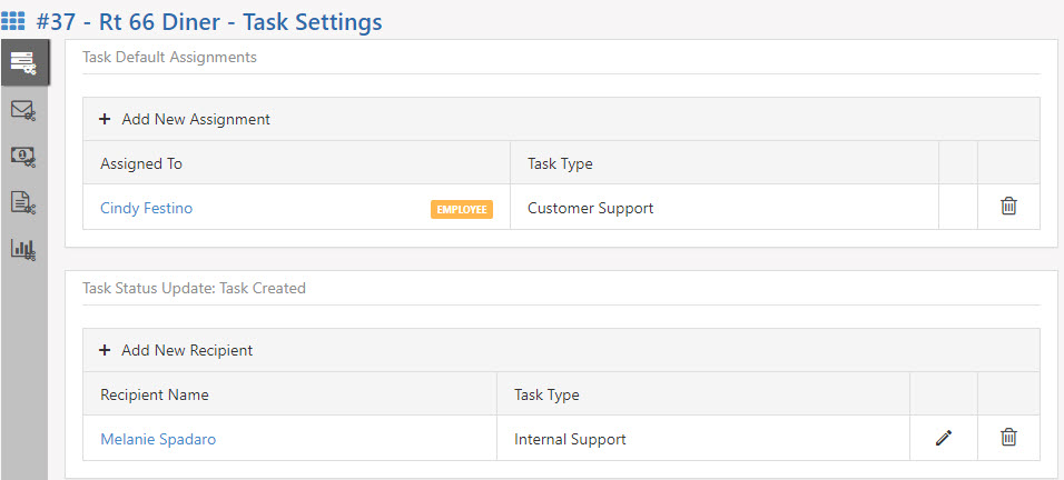 Customer Settings Page with Task Settings for default assignments and task status update for task created