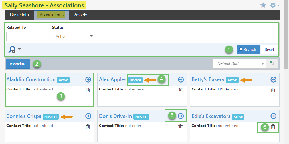 Contact Associations Page with search, associate button, association link & deactivate button