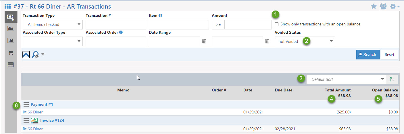 Customer Transaction page with search filters, status, sorting options, total amount, open balance and hamburger menu