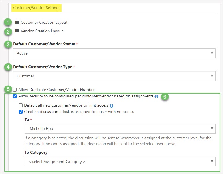 Customer/Vendor Settings section of the CRM Settings Page