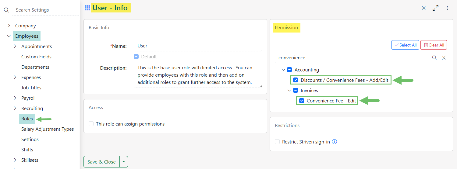 Permissions required to edit or add Discounts and Convenience fees in Striven