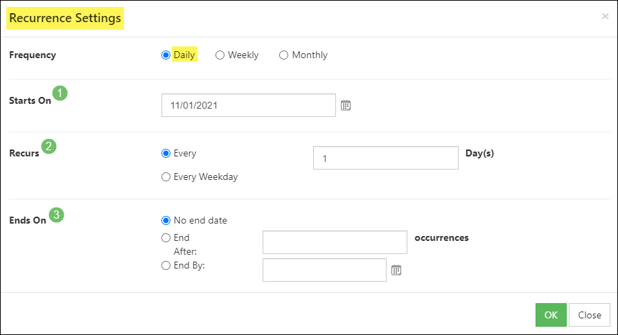 Daily Recurrence Settings for Appointment