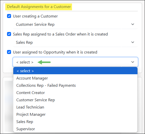 The Default Assignments for a Customer Settings section of CRM Settings Page