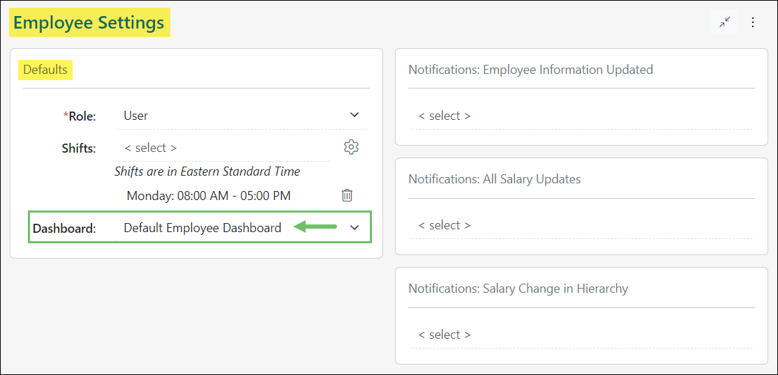 View of the default settings for Dashboard on the Employee Settings Page