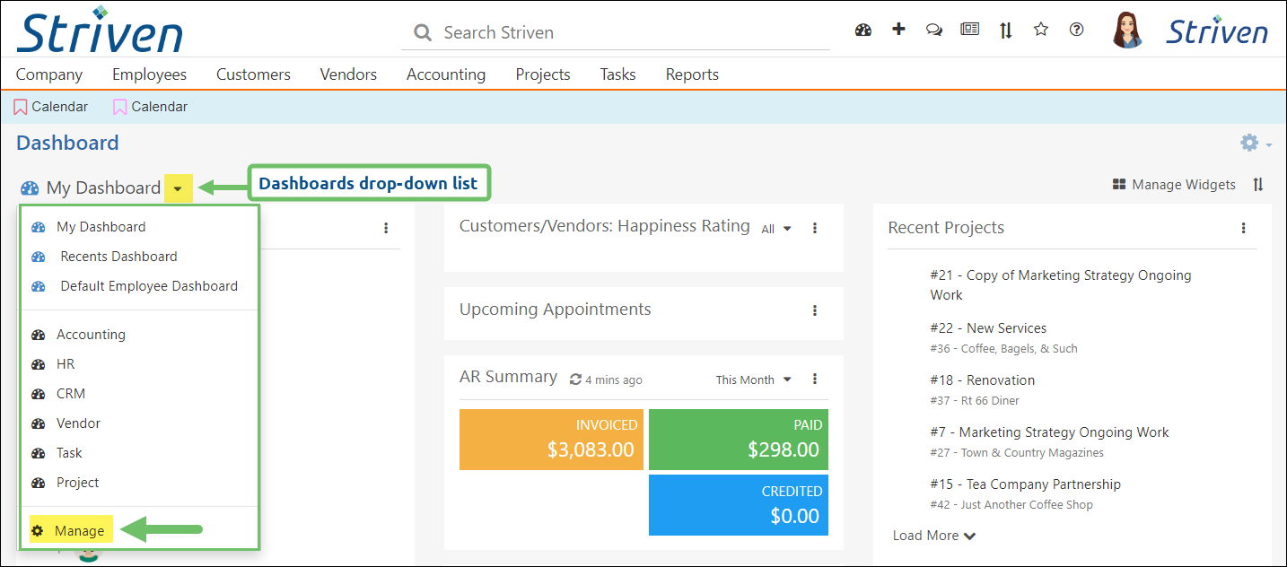 View of the default My Dashboard page with the option to Manage Dashboards highlighted