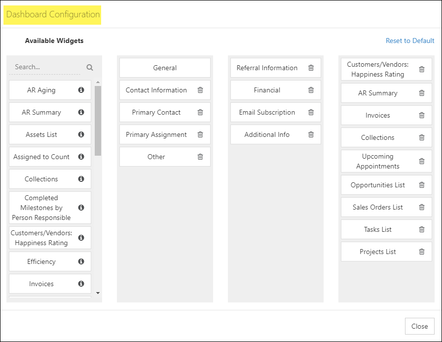 Customer Dashboard default configuration