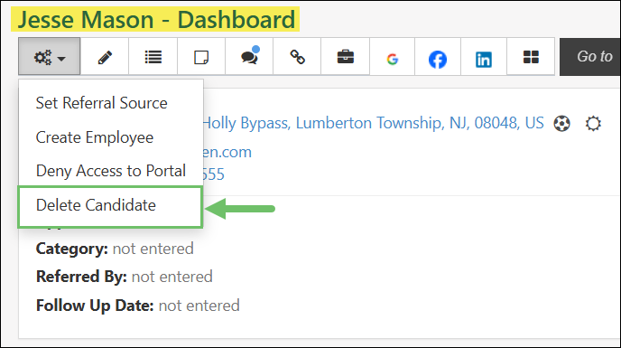 Candidate Actions menu highlighting the Delete Candidate option