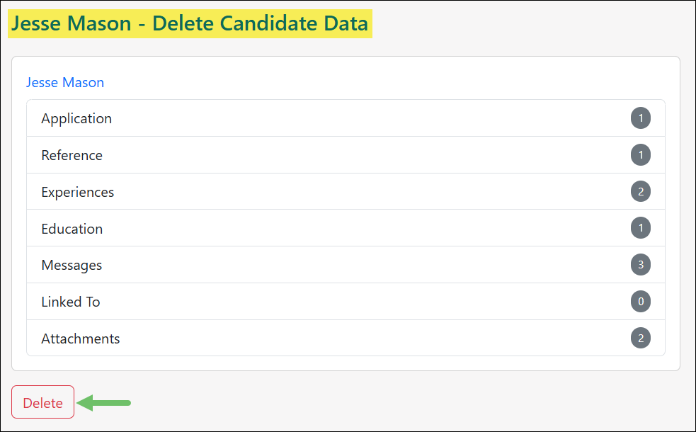 Delete Candidate Data page listing the information that will be removed from Striven