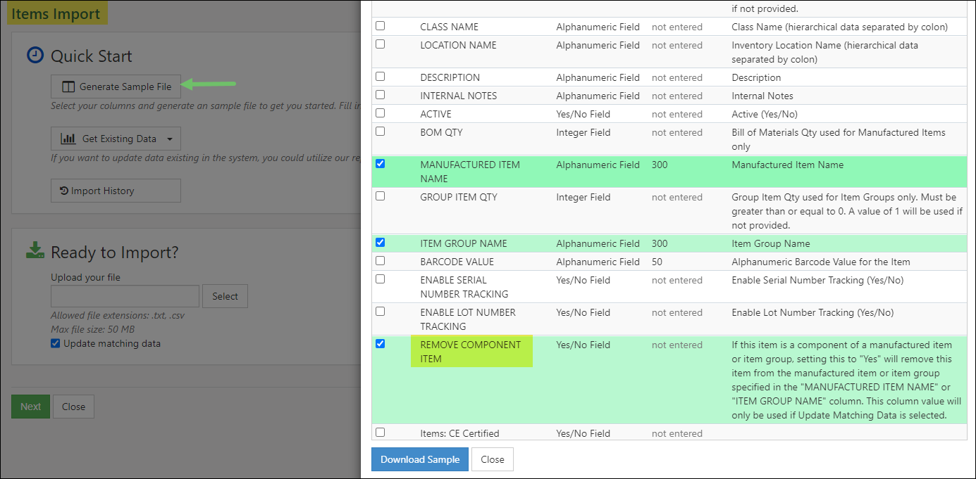 Columns related to deleting component items from manufactured items and item groups