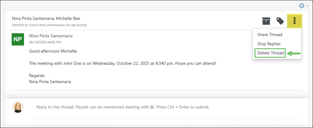 Delete Thread menu option on the kebab menu of a Discussion thread