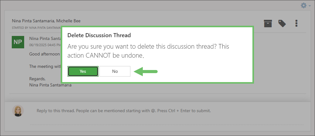 Warning message confirming deletion of a Discussion thread