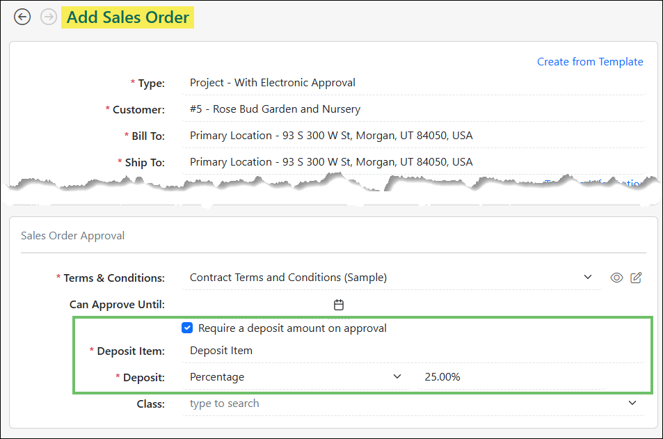Example of Deposit Options on a Sales Order