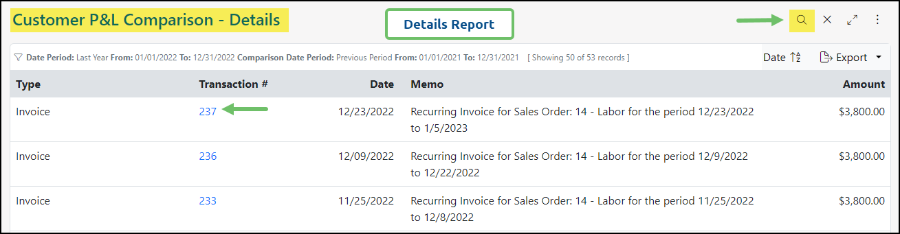 Details Report view of the Customer P&L Comparison Report