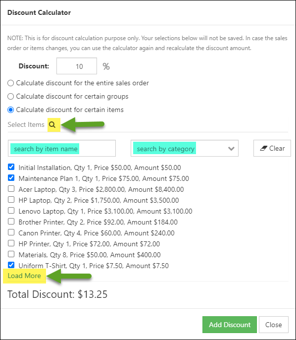 Discount calculator option for apply discount to certain items with long list of items
