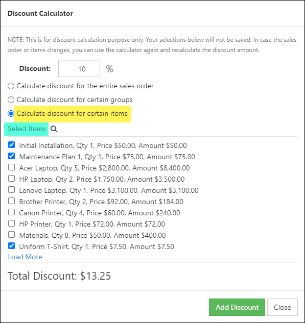 Discount calculator option for apply discount to certain items