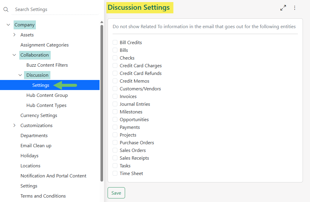 Settings page for Discussions which lists topics in Striven that you can choose to not have shown in the email notification for discussions