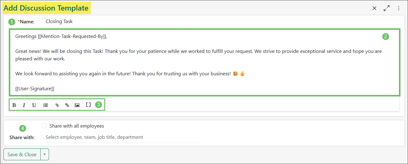 Add Discussion Template page highlighting the Name, body, and sharing options