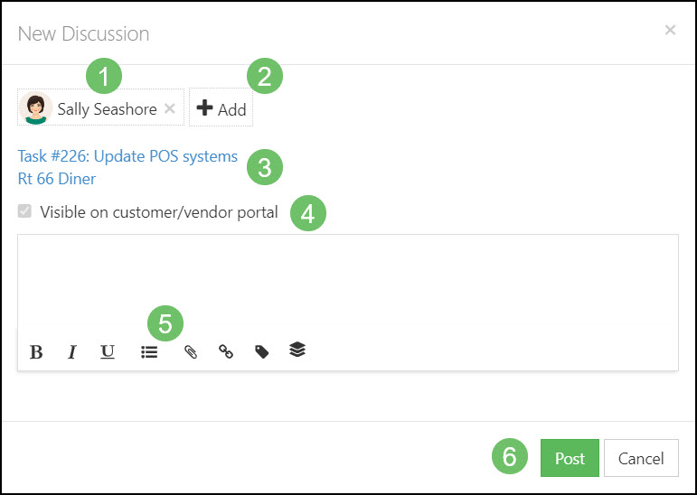 Image of adding a New Discussion within Striven.