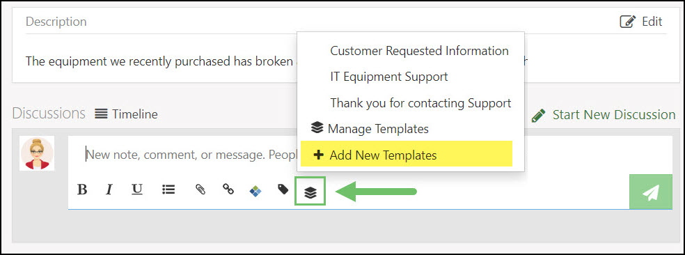 Example of the Add New Template option, found within the Template icon menu.
