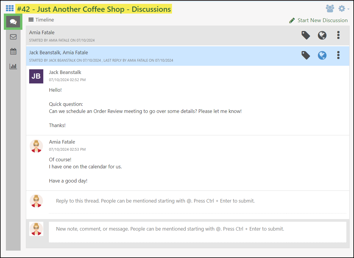 Example of the Customer/Vendor Discussions Page within Striven
