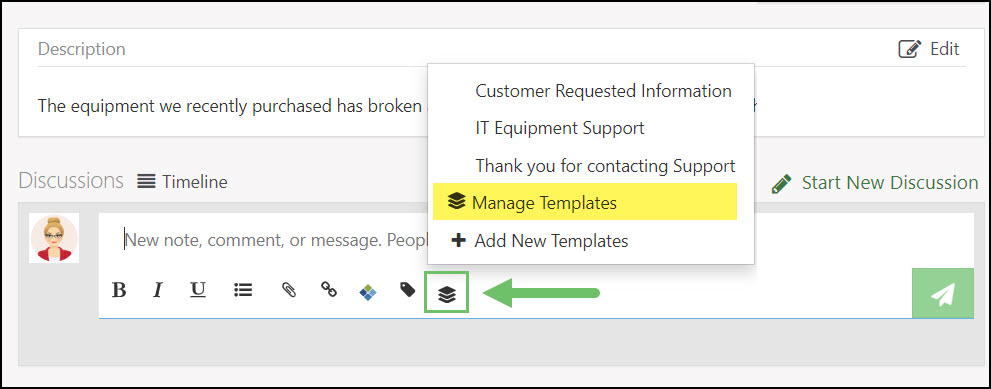 Image highlighting the Manage Templates option from the Template icon menu.