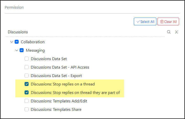 Image of the Permissions related to Stopping Discussion Replies