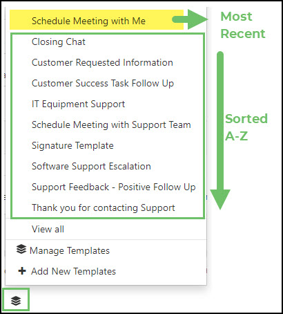 Example of how Discussion Templates are sorted within the Template icon menu.