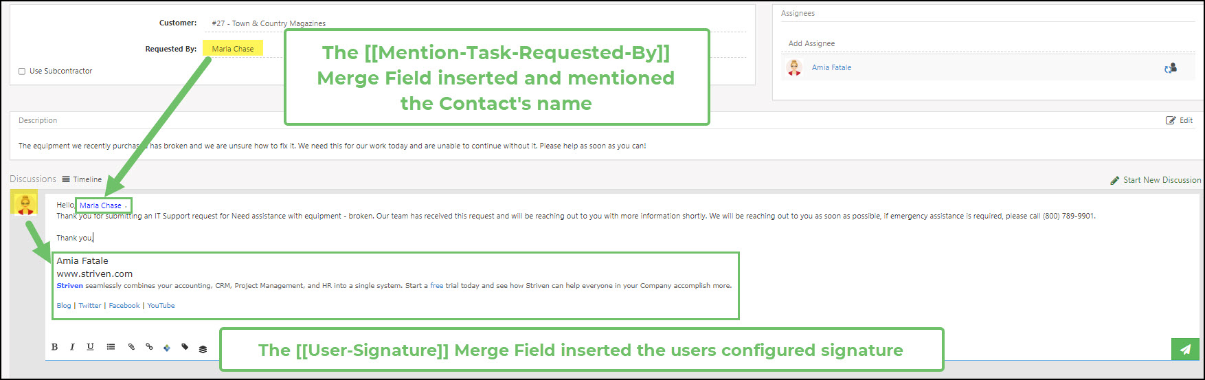 Example of how Discussion Template displays when inserted in a Discussion being written