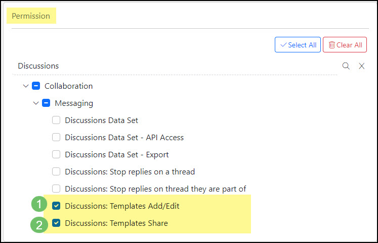 Example of the Permissions related to Discussion Templates