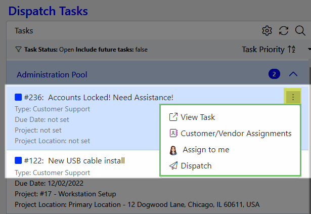 Available Task Action options on the Dispatch Tasks Page including View Task, Customer/Vendor Assignments, Assign to Me, and Dispatch