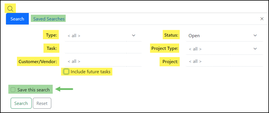 Dispatch Tasks Search options including Type, Task, Customer/Vendor, Status, Project Type, and Project