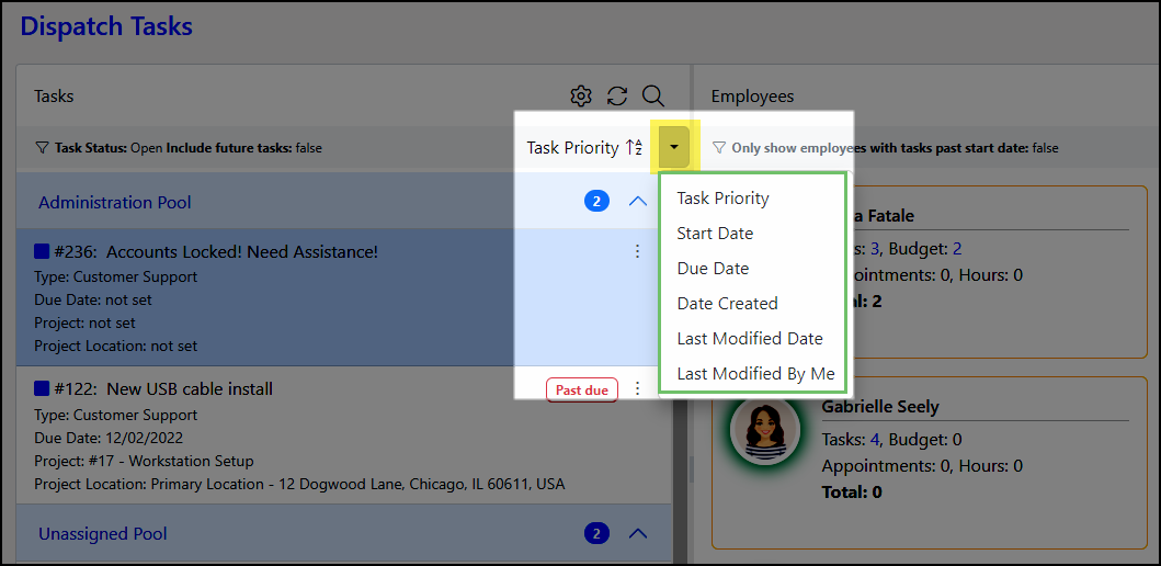 Dispatch Tasks Sort Options including Task Priority, Start Date, Due Date, Date Created, Last Modified Date, and Last Modified by Me