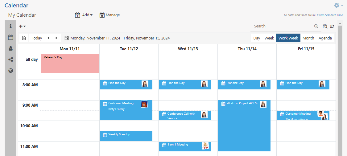 Striven Calendar showing a holiday and other scheduled meetings for the week