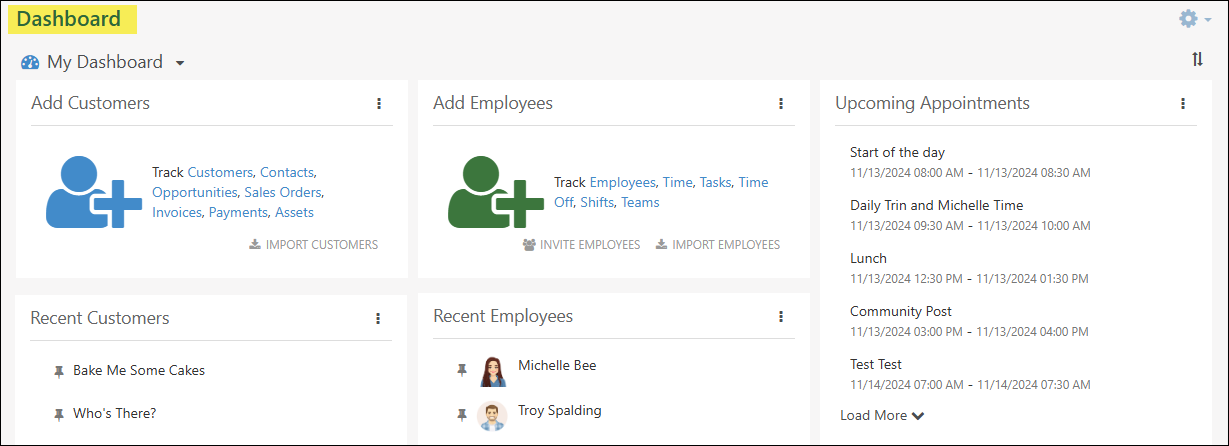 My Dashboard in Striven showing the dashboard name, manage widgets option and a variety of widgets