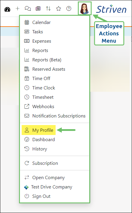 Image showing the Employee Actions Menu in Striven with the My Profile option highlighted