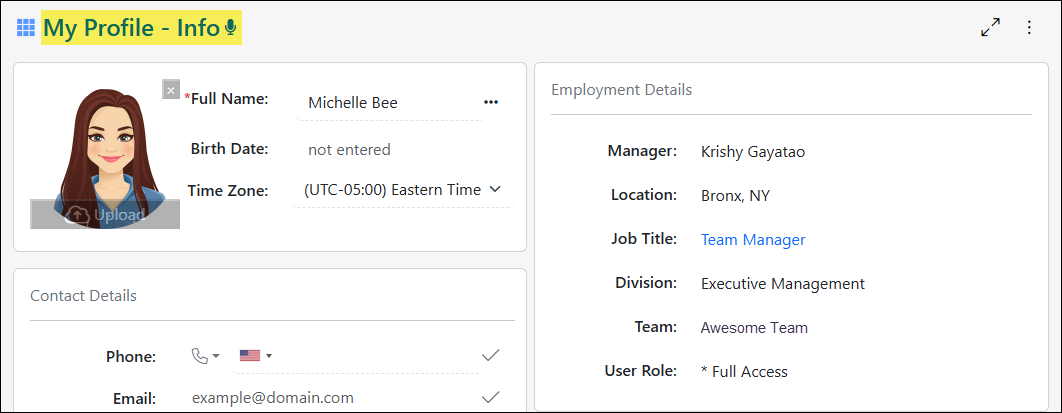 Example of the My Profile - Info page