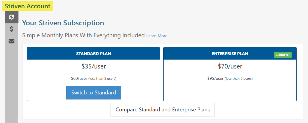 Striven Subscription page showing options for Standard or Enterprise Plans
