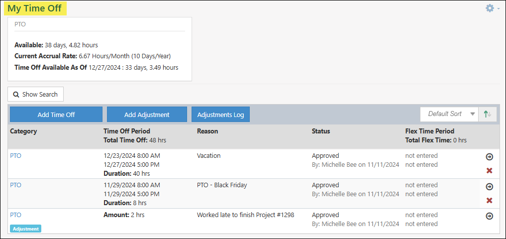 My Time Off page indicating available time off, scheduled time off, and time adjustments