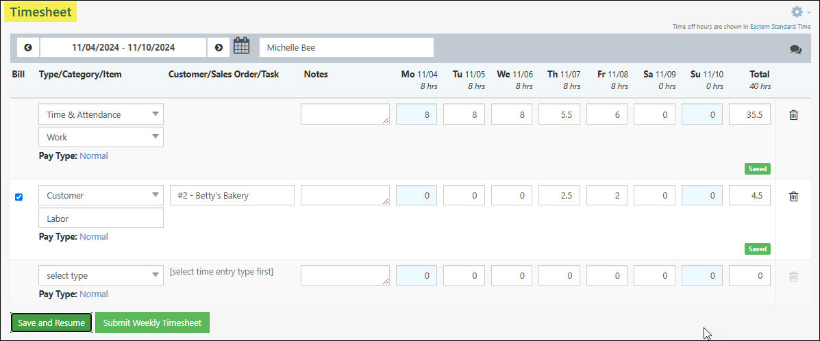 Timesheet page showing Time & Attendance and Customer time submissions