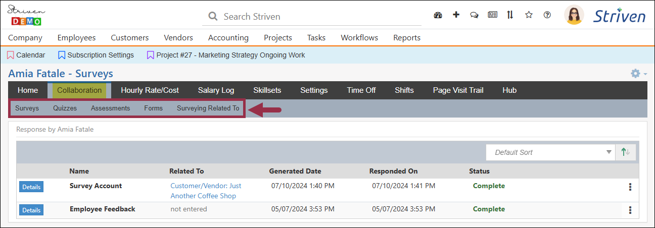 Employee record highlighting the Collaboration tab and the related subsections