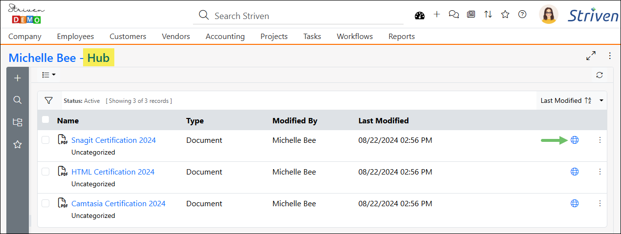 Employee Hub showing Active documents and the setting to make them visible on the Employee's My Profile-Hub page