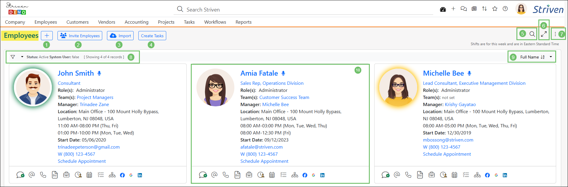 Sample of the Employees List as displayed in Striven