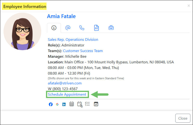 Employee Info Card highlighting the Schedule Appointment link